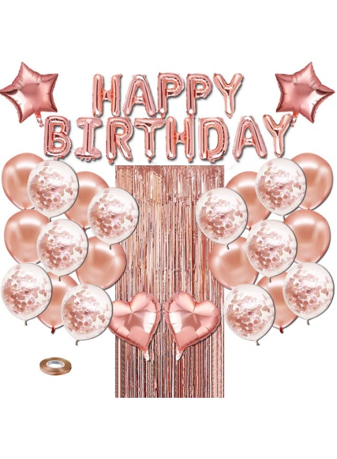 Happy Birthday Banner with Heart & Star Foil Balloons, Latex Balloons, and Foil Fringe Curtain –Rose Gold Birthday Party Decoration Set - Image 1