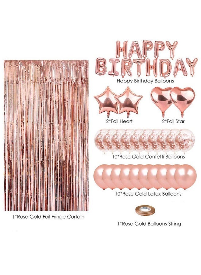 Happy Birthday Banner with Heart & Star Foil Balloons, Latex Balloons, and Foil Fringe Curtain –Rose Gold Birthday Party Decoration Set - Image 3