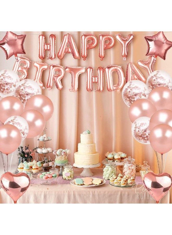 Happy Birthday Banner with Heart & Star Foil Balloons, Latex Balloons, and Foil Fringe Curtain –Rose Gold Birthday Party Decoration Set - Image 4
