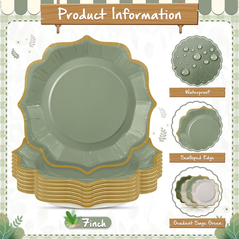 Potchen 48 Pcs Sage Green Dessert Plates 7 Inch Gradient Green Scalloped Disposable party Paper Plate for Summer Wedding Birthday Baby Shower Party Supplies  4 Colors - Image 4