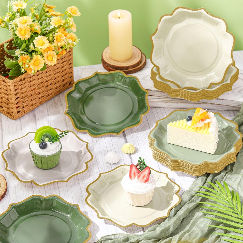 Potchen 48 Pcs Sage Green Dessert Plates 7 Inch Gradient Green Scalloped Disposable party Paper Plate for Summer Wedding Birthday Baby Shower Party Supplies  4 Colors - Image 2