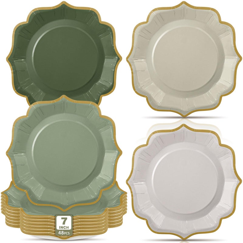 Potchen 48 Pcs Sage Green Dessert Plates 7 Inch Gradient Green Scalloped Disposable party Paper Plate for Summer Wedding Birthday Baby Shower Party Supplies  4 Colors - Image 1