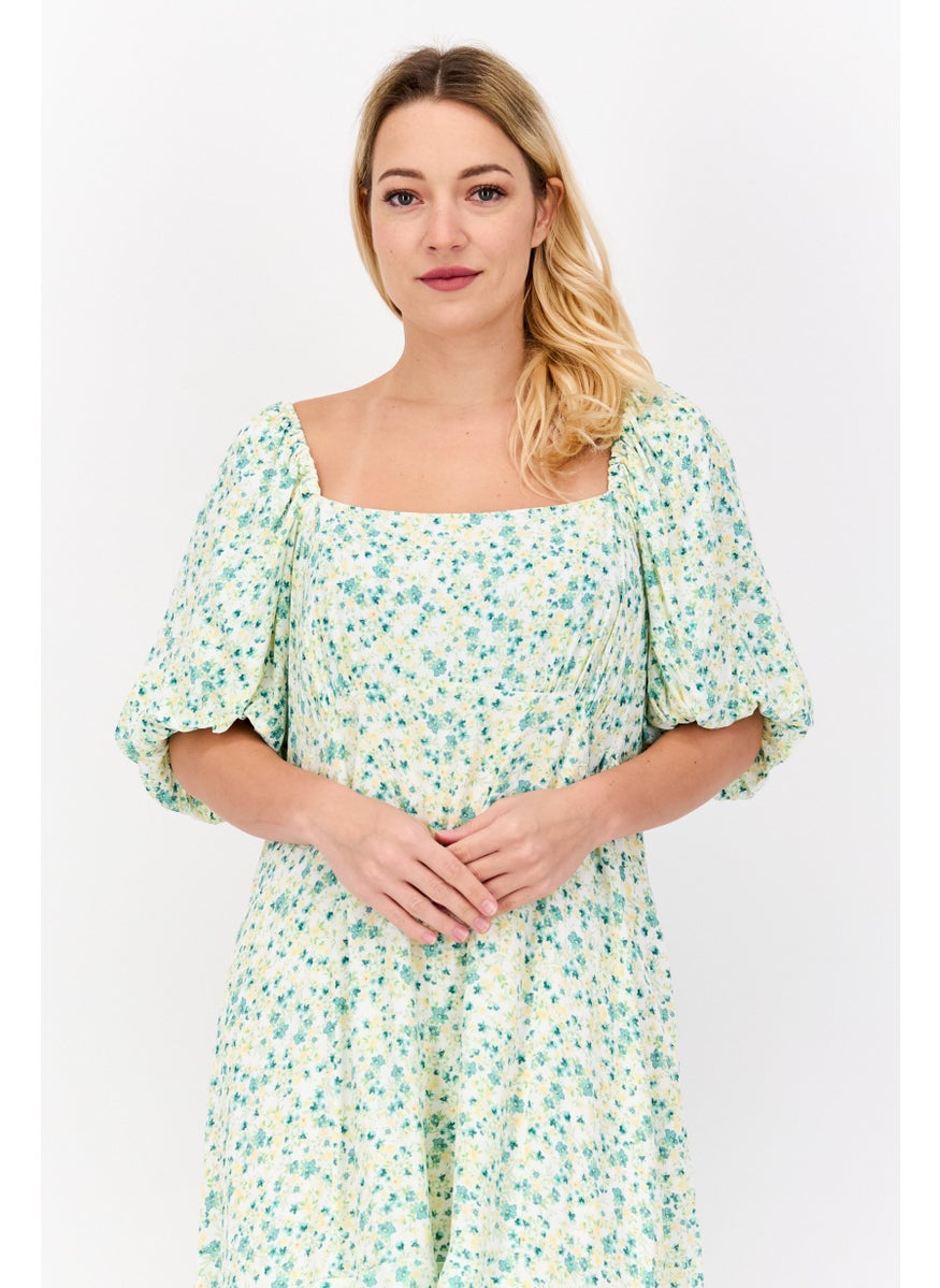 forever new Women Curve Floral Pattern Mini Dress, Green Combo  - Image 4