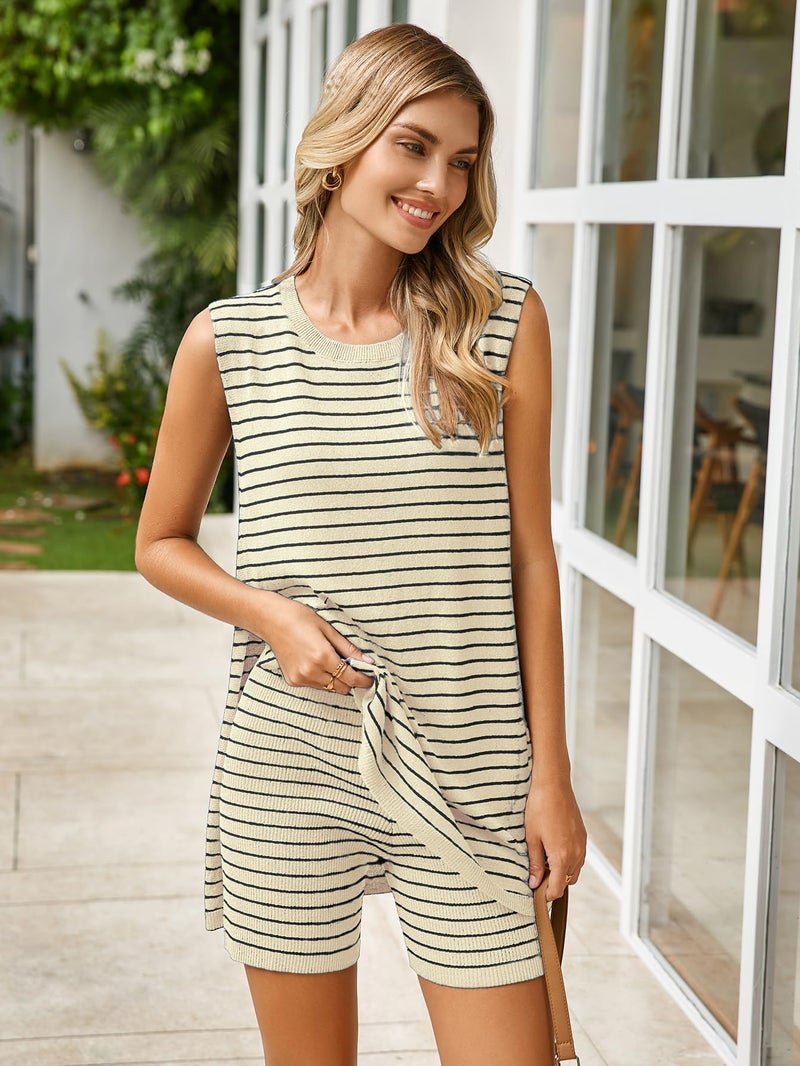 Glamaker Womens 2 Piece Summer Short Sets Striped Casual Sleeveless Sweater Maternity Sets Beach Vacation Outfits (Striped Apricot M) - Image 4