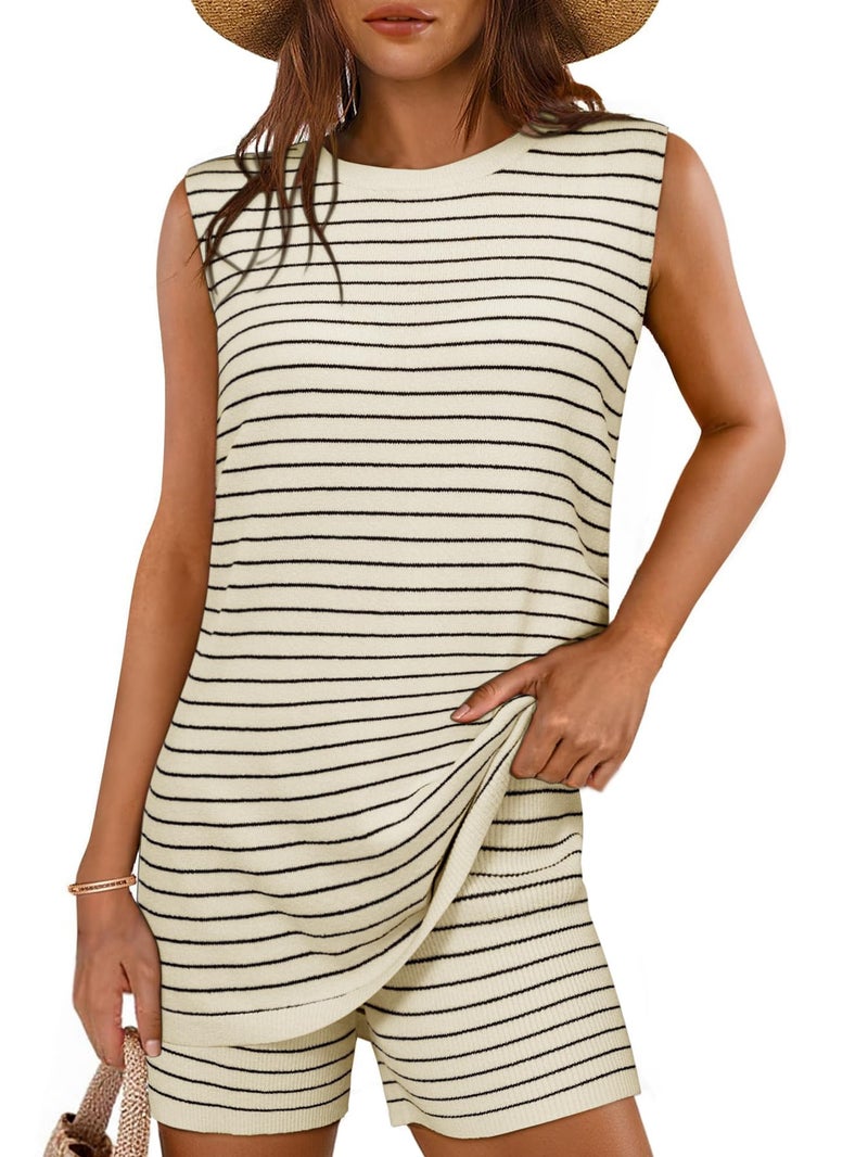 Glamaker Womens 2 Piece Summer Short Sets Striped Casual Sleeveless Sweater Maternity Sets Beach Vacation Outfits (Striped Apricot M) - Image 1