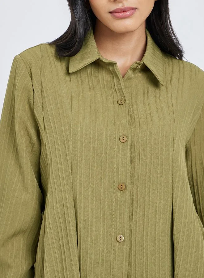 Styli Styli Textured Pleated Spread Collar Shirt
