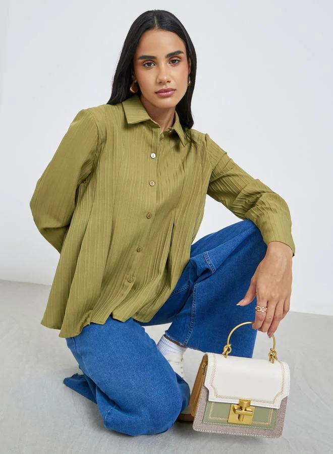 Styli Styli Textured Pleated Spread Collar Shirt
