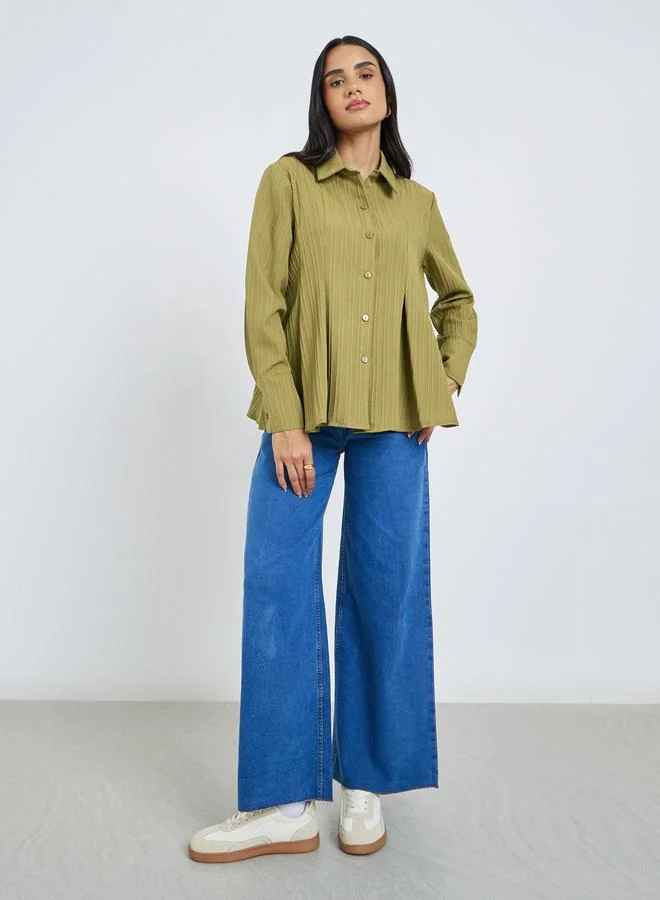 Styli Styli Textured Pleated Spread Collar Shirt