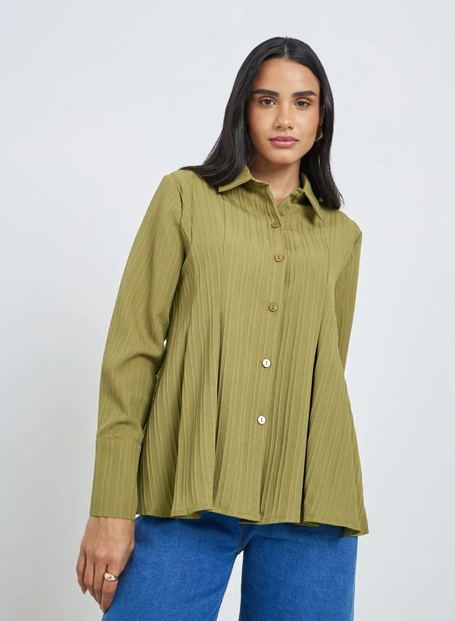 Styli Styli Textured Pleated Spread Collar Shirt
