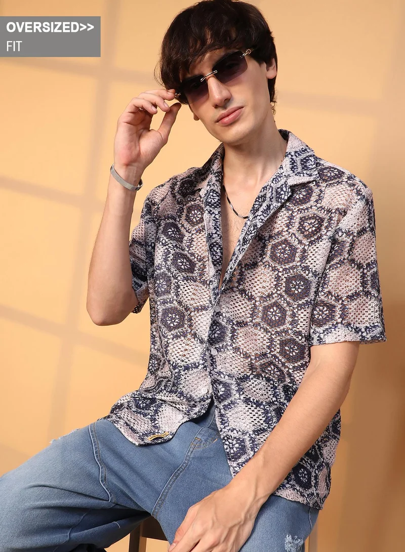 Campus Sutra Campus Sutra Men's Navy Blue & Off-White Hexagon Knit Oversized Shirt For Casual Wear | Cuban Collar | Short Sleeve | Button Closure | Oversized Shirt Crafted With Comfort Fit For Everyday Wear