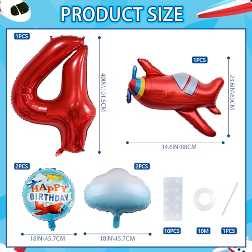 HXOUSE 6Pcs Extra Large Airplane Balloon Set for 4th Birthday Decorations Flying Themed Party Supplies with Blue Sky White Cloud 40 Red Numeral Foil Balloons for Boys No4 - Image 5