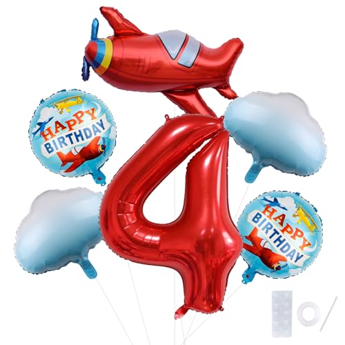HXOUSE 6Pcs Extra Large Airplane Balloon Set for 4th Birthday Decorations Flying Themed Party Supplies with Blue Sky White Cloud 40 Red Numeral Foil Balloons for Boys No4 - Image 1