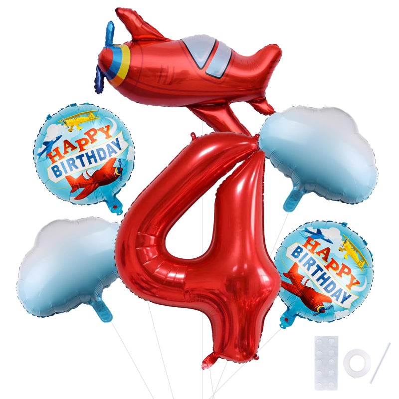 HXOUSE 6Pcs Extra Large Airplane Balloon Set for 4th Birthday Decorations Flying Themed Party Supplies with Blue Sky White Cloud 40 Red Numeral Foil Balloons for Boys No4 - Image 3
