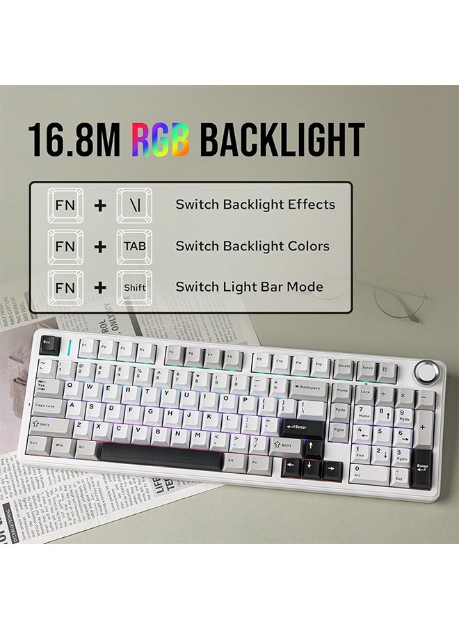AULA - Aula F99 PRO 96% Mechanical Gaming Keyboard, BT5.0/USB-C/2.4GHz Wireless, Hot Swappable Gasket Custom Keyboard with 8000mAH Battery, Rotary Knob, RGB Backlit for Win/Mac (White Grey) - Image 1