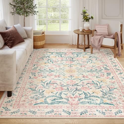 Wonnitar 8x10 Washbale Rugs for Living Room, Boho Pink Room Decor for Girls Bedroom, 8 x 10 Soft Non Slip Low Pile Indoor Floral Carpet for Kids Room Playroom Toddler Nursery - Image 1