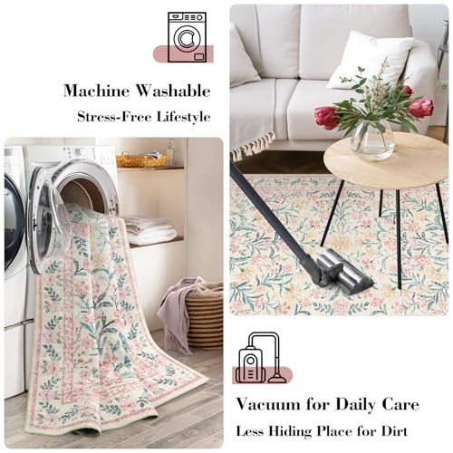 Wonnitar 8x10 Washbale Rugs for Living Room, Boho Pink Room Decor for Girls Bedroom, 8 x 10 Soft Non Slip Low Pile Indoor Floral Carpet for Kids Room Playroom Toddler Nursery - Image 4