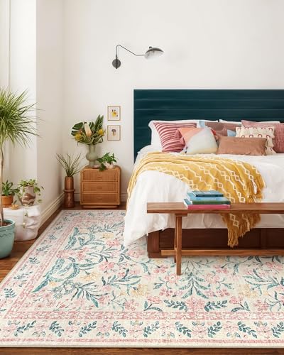 Wonnitar 8x10 Washbale Rugs for Living Room, Boho Pink Room Decor for Girls Bedroom, 8 x 10 Soft Non Slip Low Pile Indoor Floral Carpet for Kids Room Playroom Toddler Nursery - Image 2