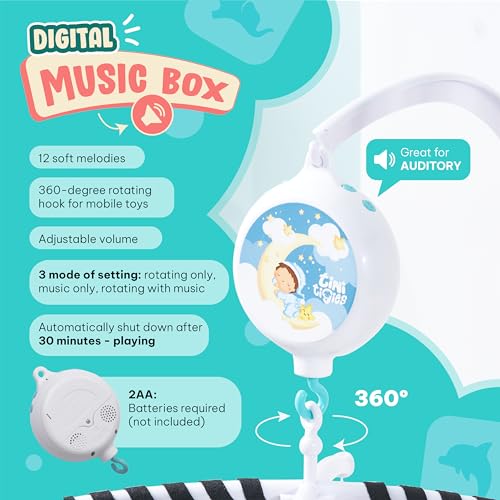 EVERLOVE Montessori Mobile Baby for Crib (TINITIGIES) - Digital Music Box with 12 lullabies & 3 Modes (Rotating only, Music only, or Both) - Black and White Baby Mobile for Boys & Girls - Image 4