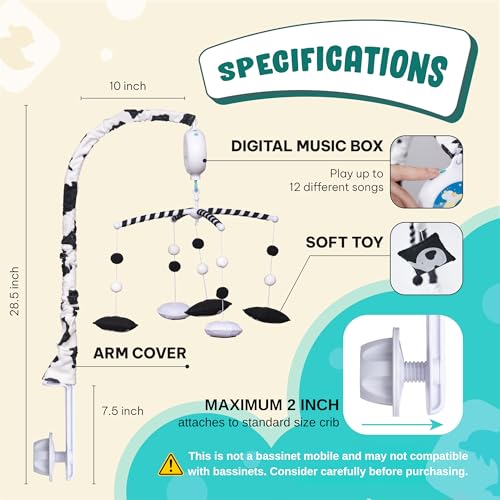EVERLOVE Montessori Mobile Baby for Crib (TINITIGIES) - Digital Music Box with 12 lullabies & 3 Modes (Rotating only, Music only, or Both) - Black and White Baby Mobile for Boys & Girls - Image 2