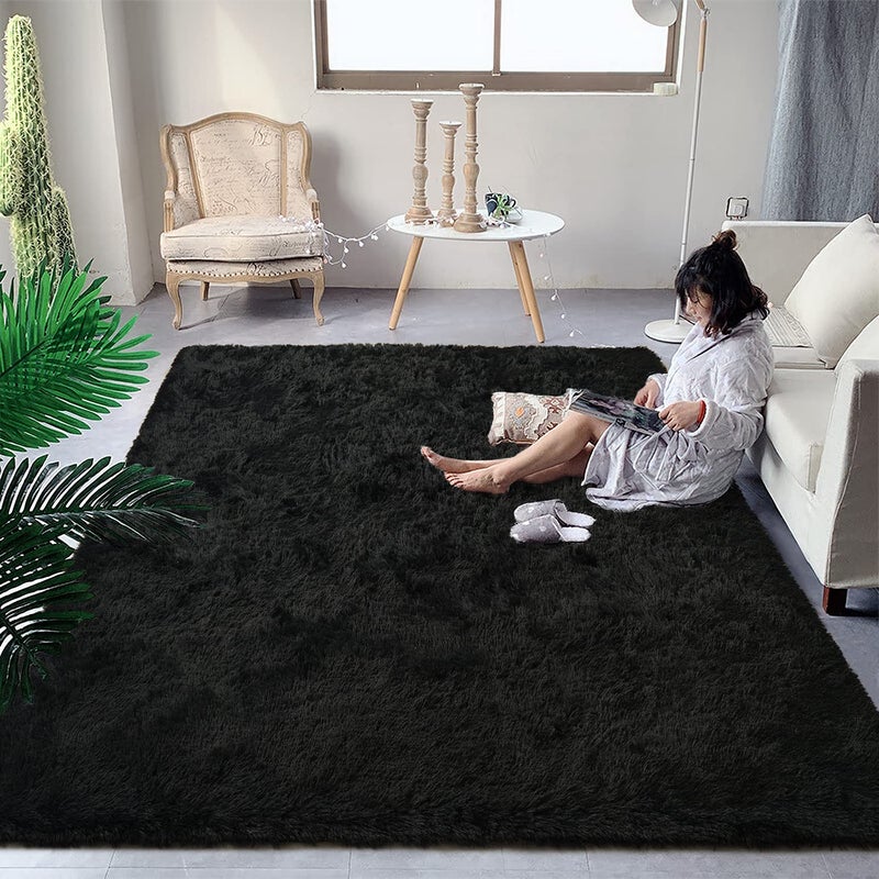 DweIke Fluffy Black Rugs for Bedroom Living Room 3x5 Feet Soft Plush Shaggy Dark Girls Boys Kids Rug NonSlip and Machine Washable Carpet for Dorm Nursery Classroom Decor