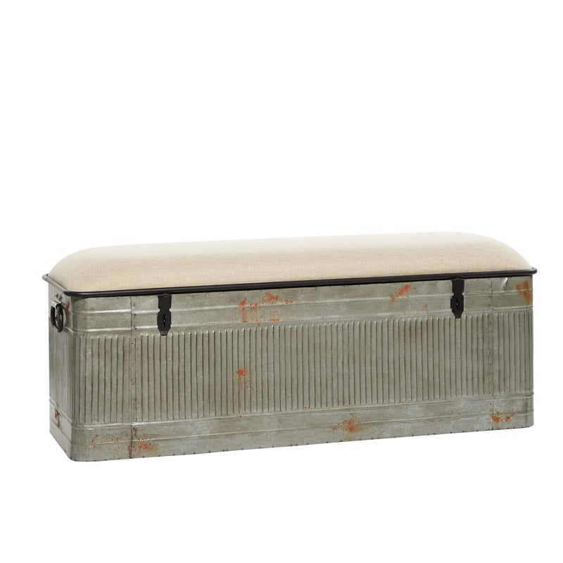 Deco 79 Deco 79 Metal Room Storage Bench Galvanized Entryway Bench with Cream Burlap Top Bench 50 x 16 x 18 Gray
