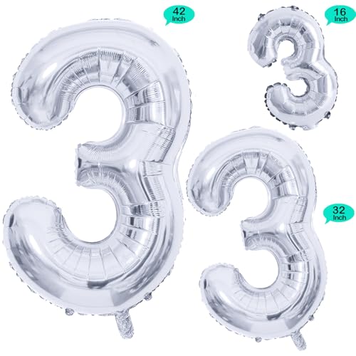 GOER Silver Foil Balloons Number 3,Huge Number Balloons for 3rd 33rd Birthday Party Supplies Anniversary Decorations(3 pcs,42 inch,32 inc,16inch) - Image 2