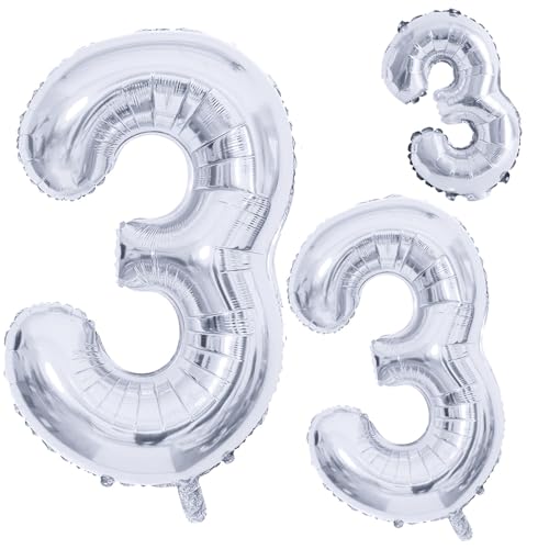 GOER Silver Foil Balloons Number 3,Huge Number Balloons for 3rd 33rd Birthday Party Supplies Anniversary Decorations(3 pcs,42 inch,32 inc,16inch) - Image 1