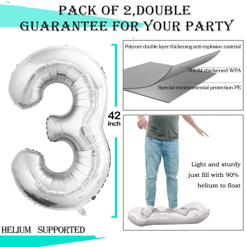 GOER Silver Foil Balloons Number 3,Huge Number Balloons for 3rd 33rd Birthday Party Supplies Anniversary Decorations(3 pcs,42 inch,32 inc,16inch) - Image 3