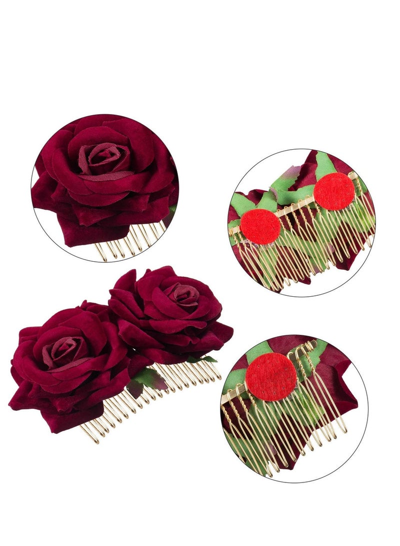 KASTWAVE 2 Pack Rose Flower Hair Clip Women Rose Flowers Hair Accessories Wedding Hair Clip Flamenco Dancer for Women Girls, Halloween Ball Party Masquerade and Cosplay - Image 4