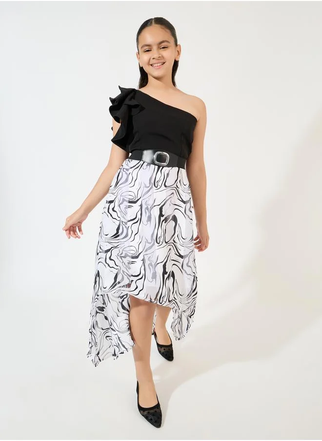 Styli One Shoulder Ruffle Detail Dress with Belt