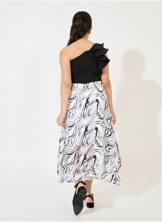 Styli One Shoulder Ruffle Detail Dress with Belt