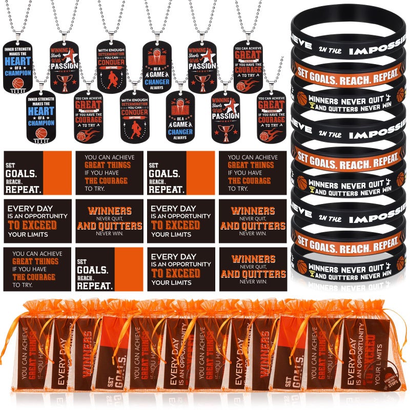 Ecation 72 Pcs Basketball Party Favors Set Include Motivational Silicone Wristbands & Stainless Steel Dog-tag Necklaces Beaded Chain & Inspirational Cards & Organza Bags for Basketball Team Party Gift - Image 1