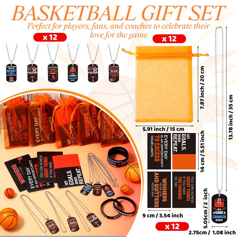 Ecation 72 Pcs Basketball Party Favors Set Include Motivational Silicone Wristbands & Stainless Steel Dog-tag Necklaces Beaded Chain & Inspirational Cards & Organza Bags for Basketball Team Party Gift - Image 2