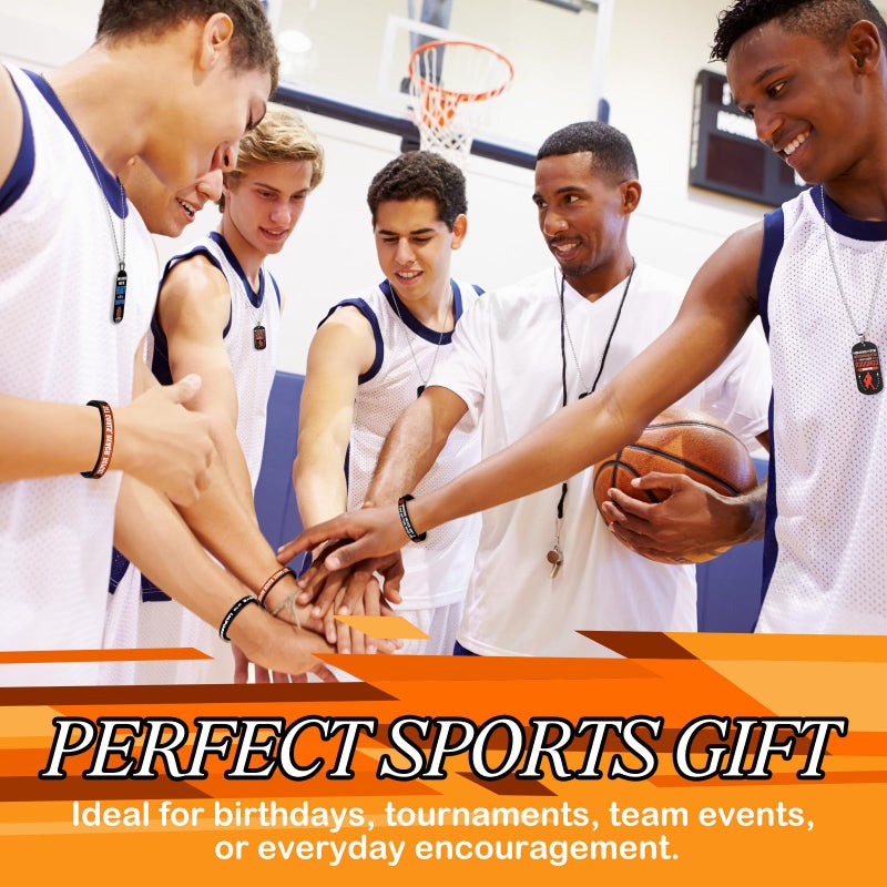 Ecation 72 Pcs Basketball Party Favors Set Include Motivational Silicone Wristbands & Stainless Steel Dog-tag Necklaces Beaded Chain & Inspirational Cards & Organza Bags for Basketball Team Party Gift - Image 5
