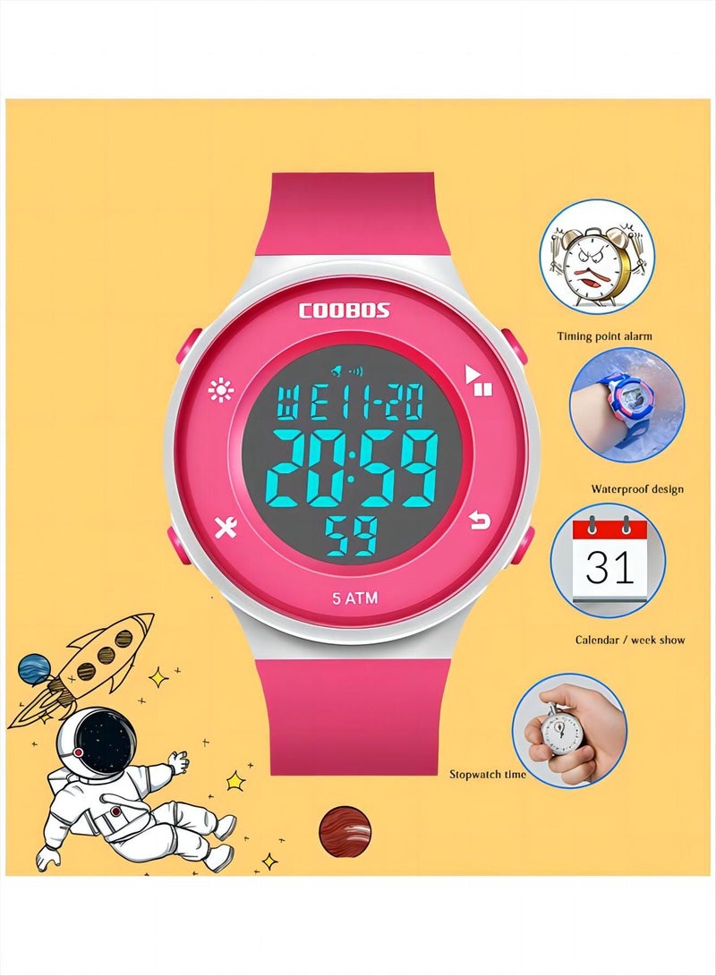 COOBOS Kids Water Resistant Rubber Digital Watch Rose Red - Image 2