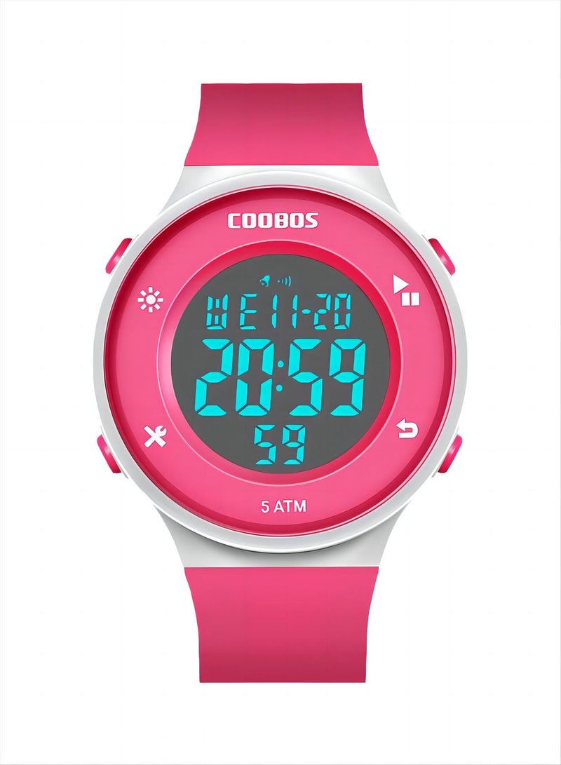 COOBOS Kids Water Resistant Rubber Digital Watch Rose Red - Image 1
