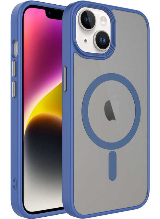 iPhone 14 Plus Compatible Matte Back Surface Zore Flet Magsafe Cover with Wireless Charging Feature-Blue