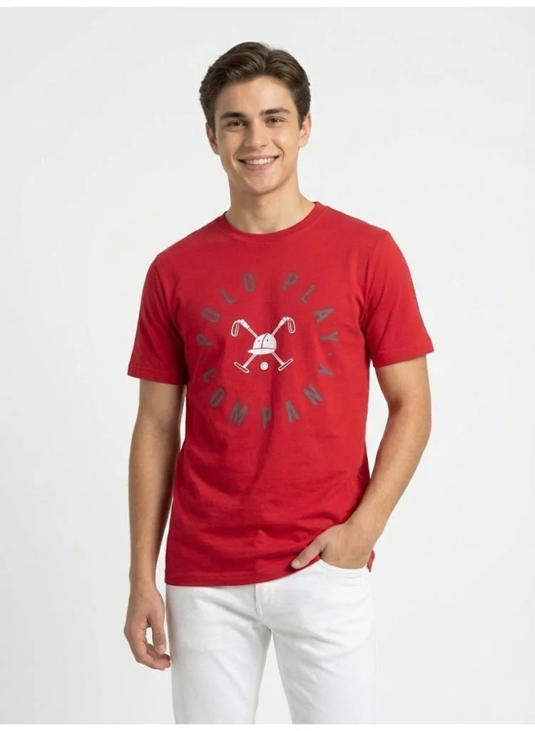 لعب البولو تيشيرت رجالي مطبوع - أحمر