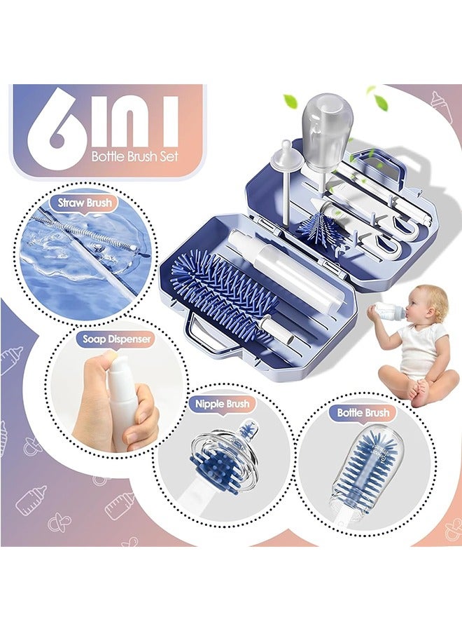 JCB CHIC 6 in 1 Bottle Cleaning Brush Set, Travel Baby Bottle Brush Cleaner Set with Silicone Bottle Brush Nipple Cleaner Brush Straw Brush Soap Dispenser Storage Box Bottle Drying Rack - Image 4
