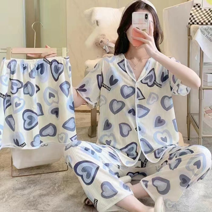 Shake Voice Live Micro Business Explosions Summer Short Sleeve Pajamas Three-Piece Set Korean Sweet Cute Cardigan Womens Home Clothes 883# 