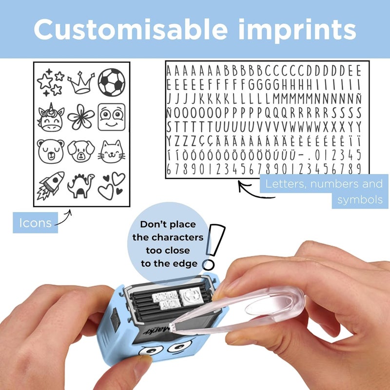 Colop MARKY C166666 Stamp Set in Light Blue, with Black Ink for Labelling Various Items and Clothes, Includes Interchangeable Stamp, Tweezers and Sticker, Blue - Image 4