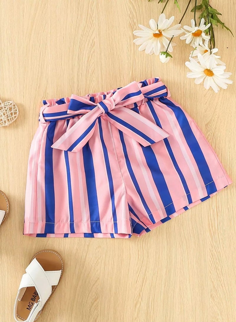 Toddler Girls Block Striped Belted Shorts - Image 1