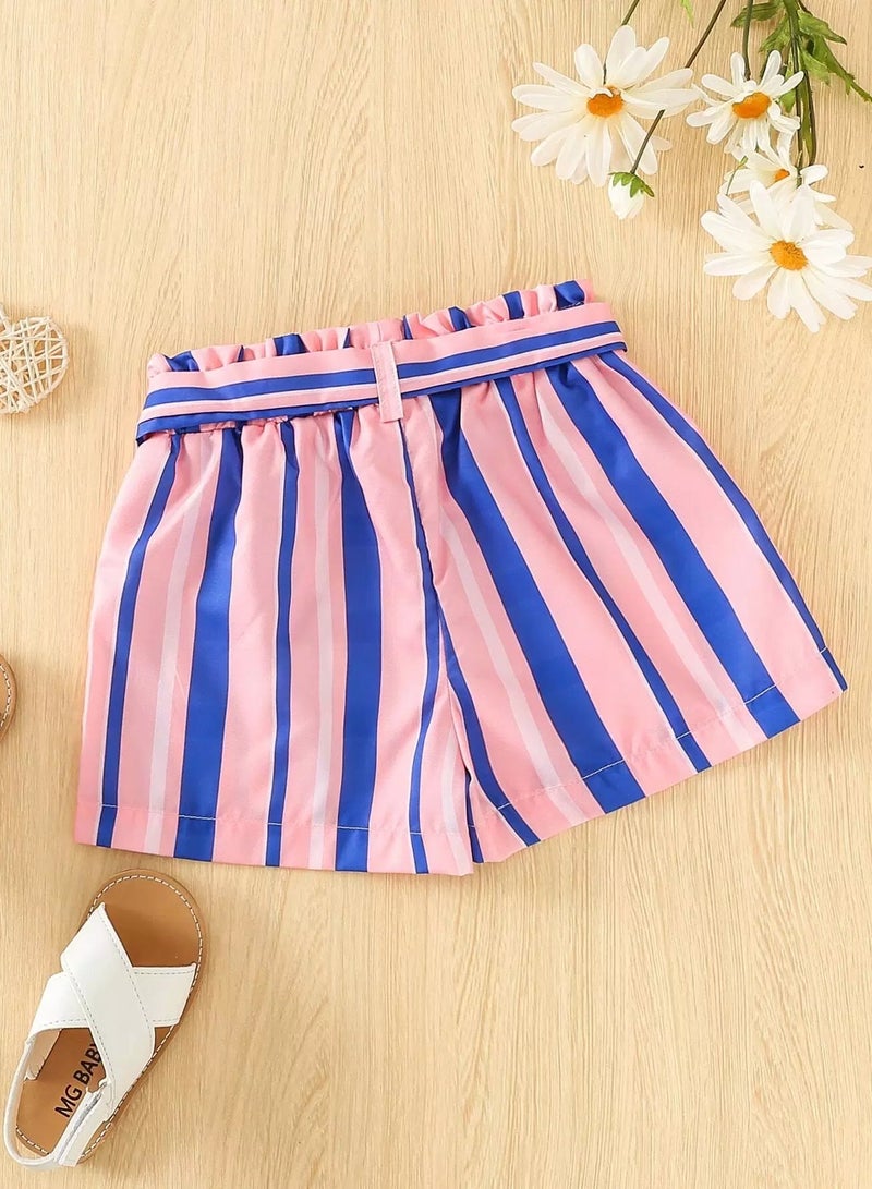 Toddler Girls Block Striped Belted Shorts - Image 2