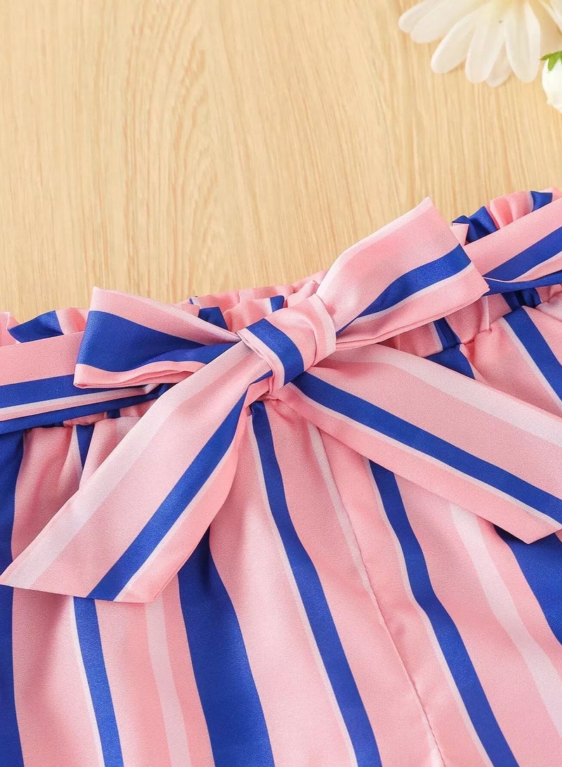 Toddler Girls Block Striped Belted Shorts - Image 3