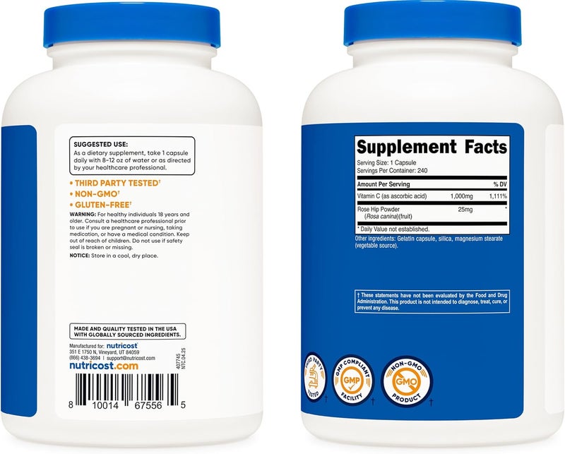 Nutricost فيتامين سي من نوتريكوست مع وردة الهيب 1025 ملغ 240 كبسولة - Image 4