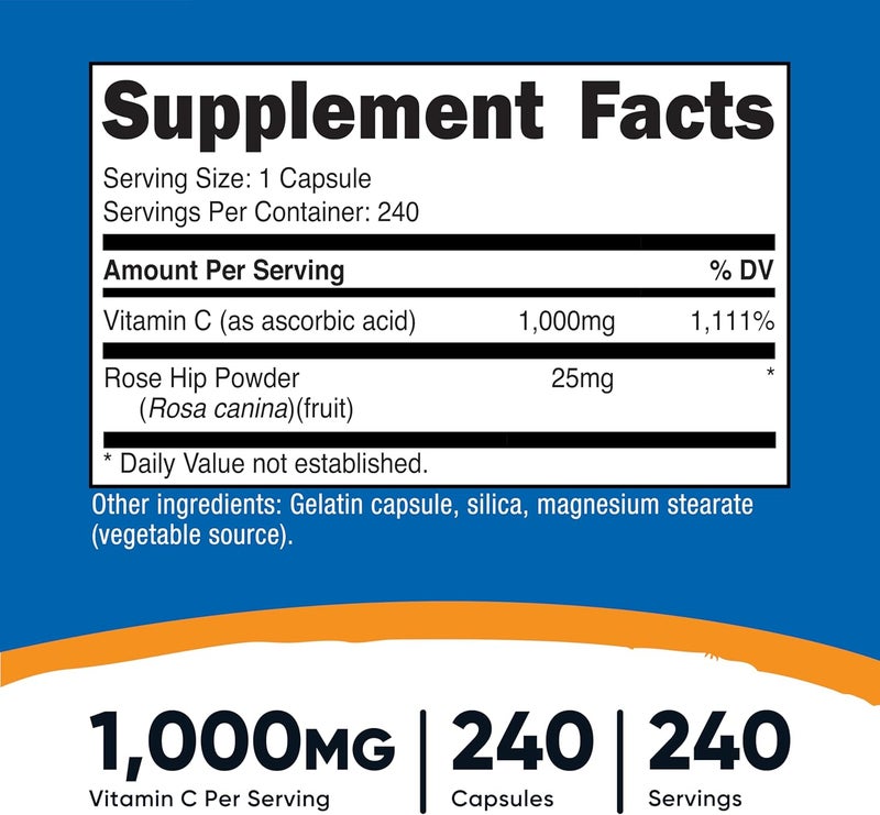Nutricost فيتامين سي من نوتريكوست مع وردة الهيب 1025 ملغ 240 كبسولة - Image 2