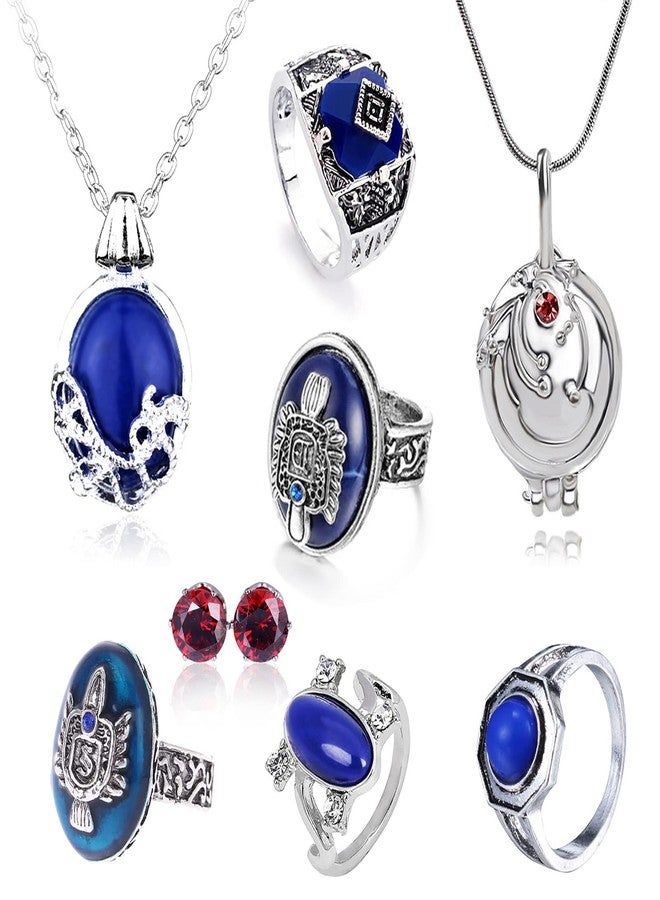 HJYZY 8 pcs Vampire Salvatore Damon Stefan finger Family Crest Rings Daywalking Katherine Cosplay Jewelry Accessories Daywalking Katherine Sapphire Elena Gilbert Opening Vervain Locket Necklaces Red Diamond Stud Earrings - Image 1