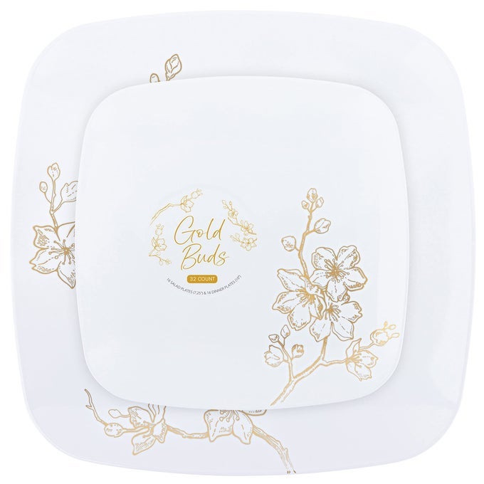 SQUARE 64 PIECE COMBO PLATES SET INCLUDES 32 X 7 INCH SALAD PLATES 32 X 10 INCH DINNER PLATES WHITE PLASTIC GOLD BUDS DESIGN PARTY PLATES PREMIUM DISPOSABLE TABLEWARE