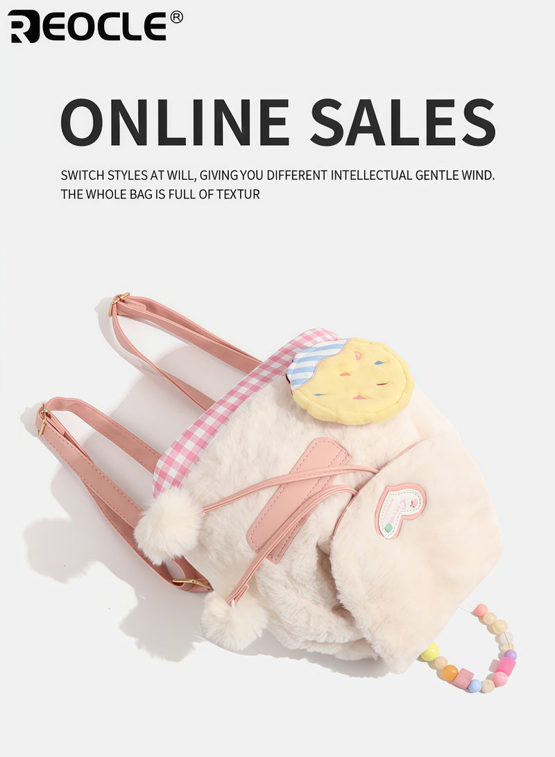 REOCLE Girl's Plush Backpack with Biscuit Charm and Double Strap Design School Bag with Soft Structure for Daily Cute Carry - Image 3