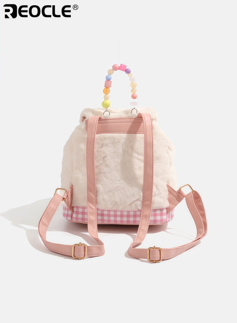 REOCLE Girl's Plush Backpack with Biscuit Charm and Double Strap Design School Bag with Soft Structure for Daily Cute Carry - Image 4